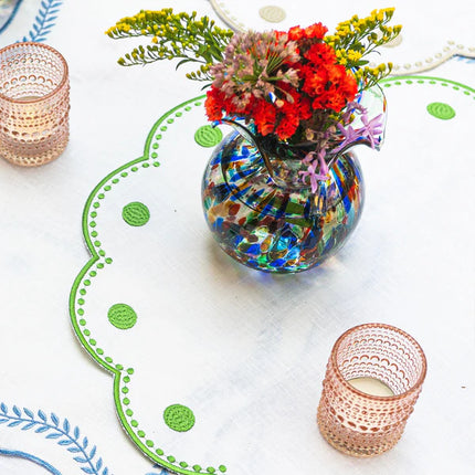 Vietri Tessuti White Round Placemats - Sage Green Dots- Set of 4