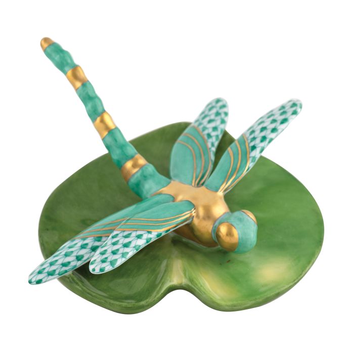 Herend Decorative Dragonfly on Lily Pad - Green