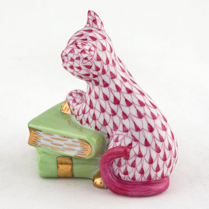 Herend Decorative Cat on Books - Raspberry
