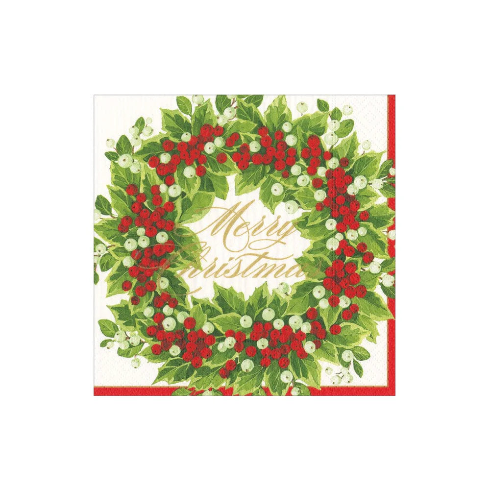 Caspari Holly and Berry Wreath Paper Cocktail Napkins