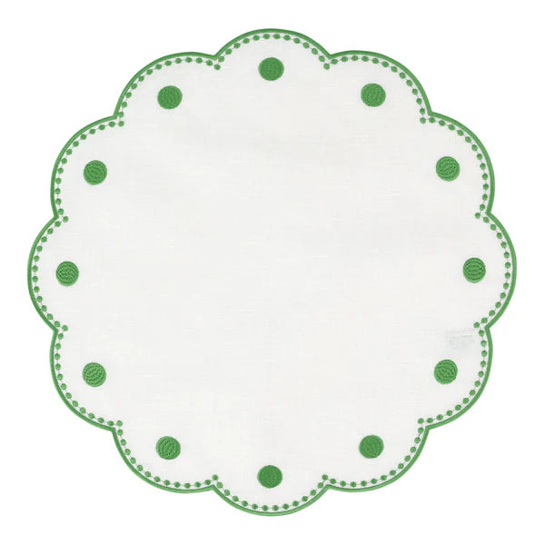 Vietri Tessuti White Round Placemats - Sage Green Dots- Set of 4