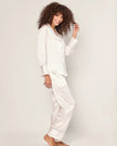 Petite Plume Women's Silk Pajama Set in White with Periwinkle Piping