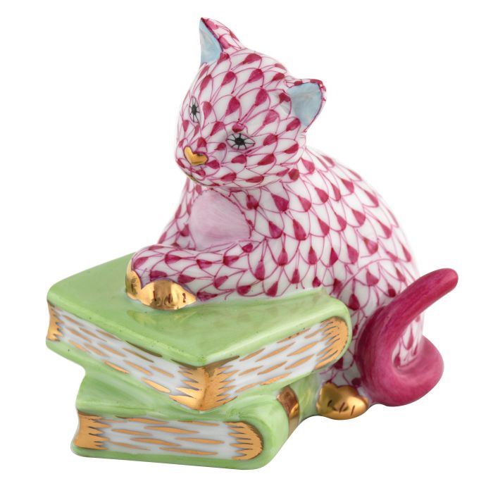 Herend Decorative Cat on Books - Raspberry
