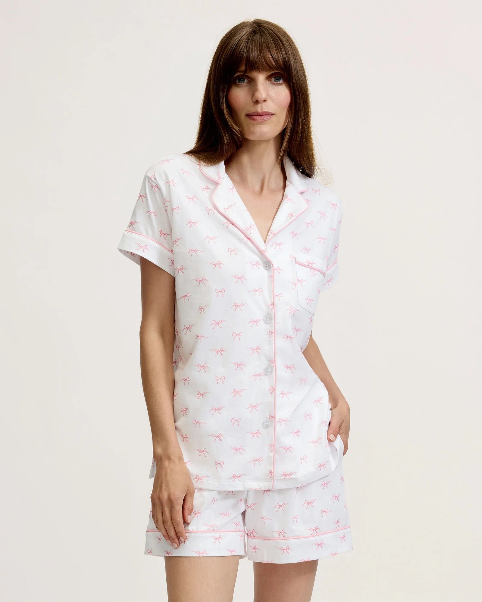 Petite Plume Women’s Pima Short Sleeve Short Set - Blushing Bows