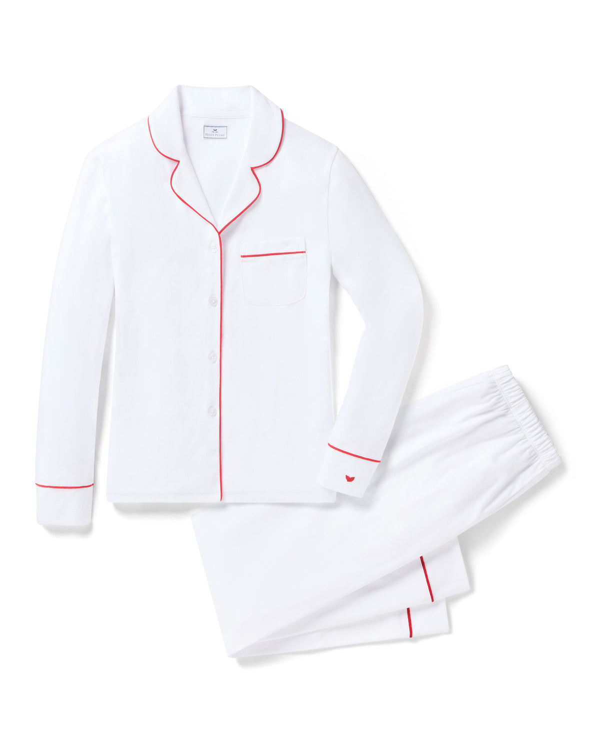 Petite Plume Women’s Long Pima Pajama Set - White with Red Piping