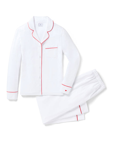 Petite Plume Women’s Long Pima Pajama Set - White with Red Piping