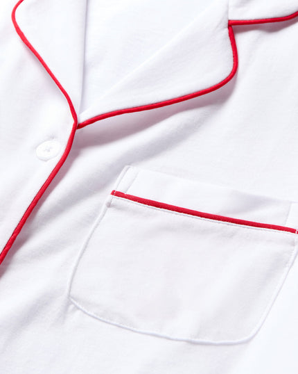 Petite Plume Women’s Long Pima Pajama Set - White with Red Piping