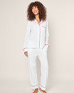 Petite Plume Women’s Long Pima Pajama Set - White with Red Piping