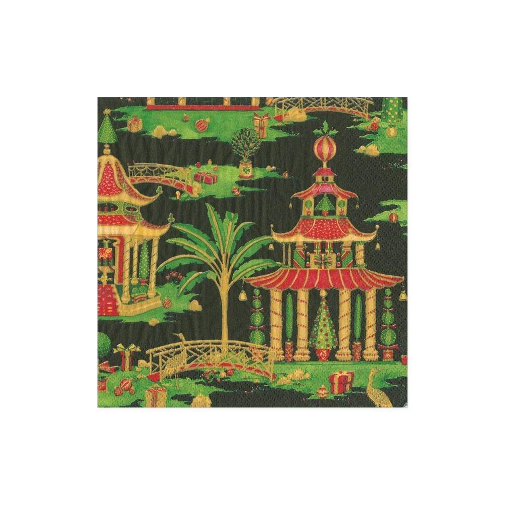 Caspari Black Christmas Pagodas Paper Cocktail Napkins