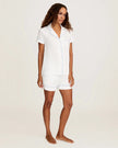 Petite Plume Women's Pima Short Sleeve Short Set in White with Periwinkle Piping