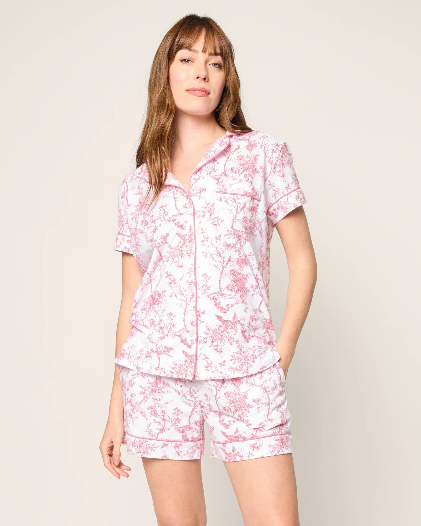 Petite Plume Women’s Pima Short Sleeve Short Set - Pink Timeless Toile