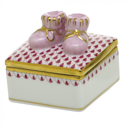 Herend Decorative Baby Bootie Box - Raspberry